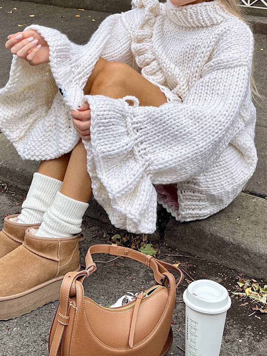 Oversized Ruffle Bell Sleeves Sweater Chunky Dress