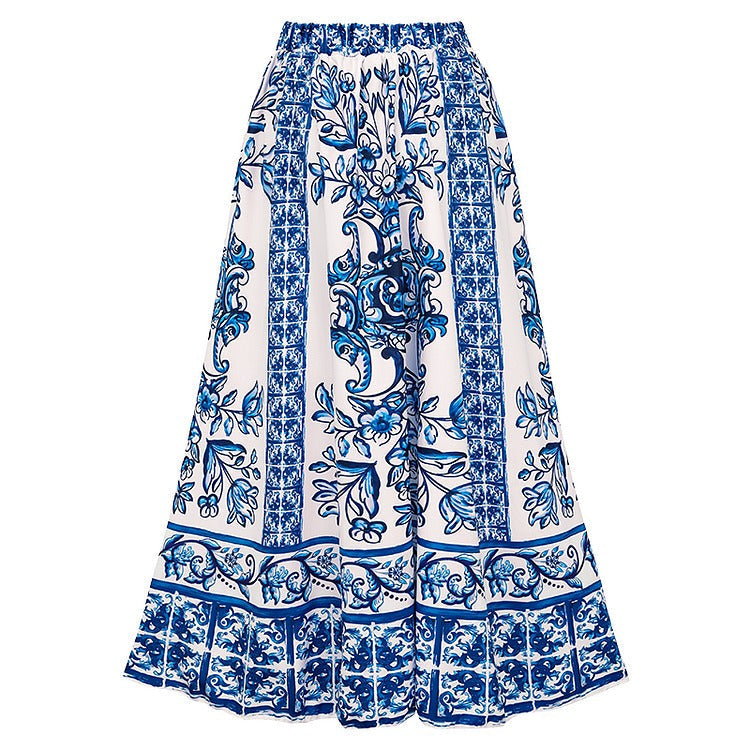 Ruffle Blue and White Porcelain Pattern Majolica Print One Piece Swimsuit and Skirt or Sarong