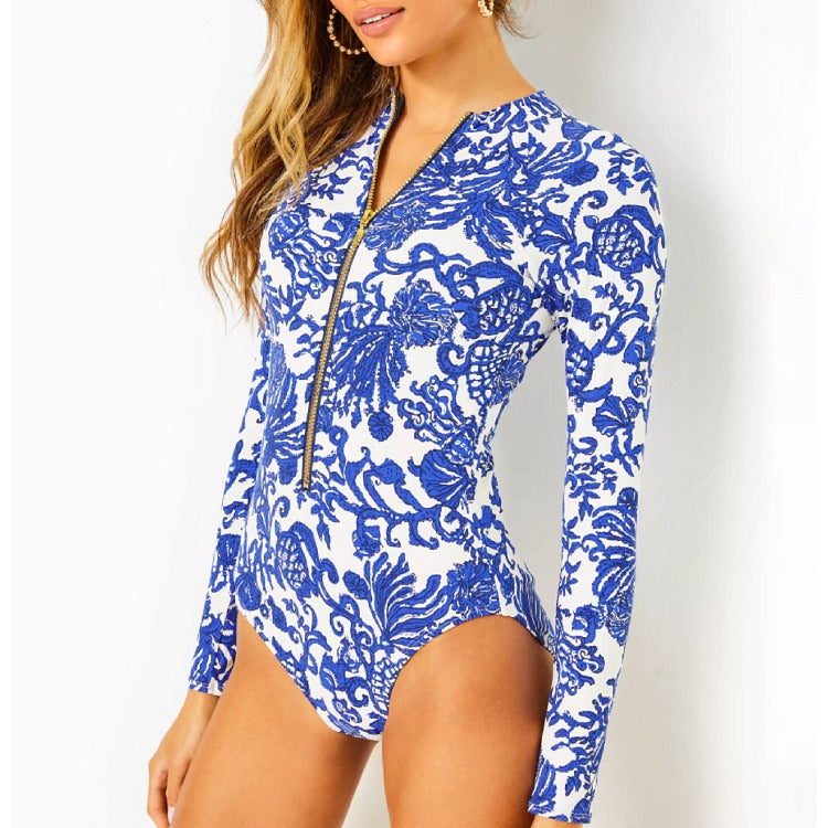 Long Sleeve Zip Front Blue White One Piece Surf Swimsuit and Sarong