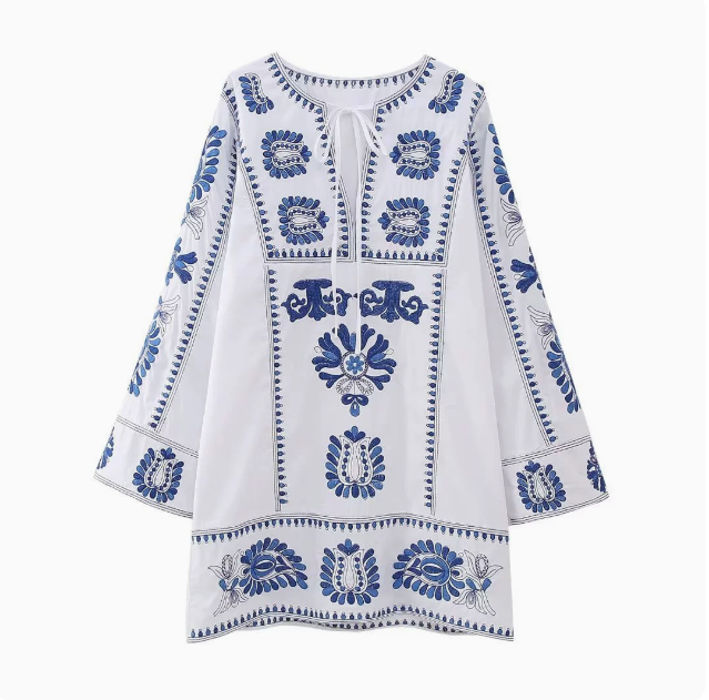 Long Sleeved Blue Embroidered Loose Dress