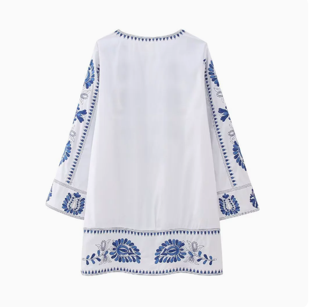 Long Sleeved Blue Embroidered Loose Dress