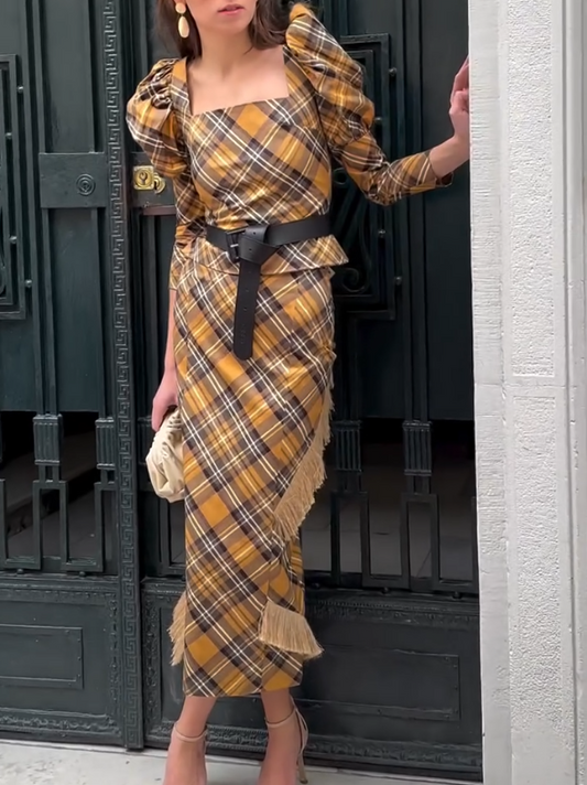 Checkered Bubble Sleeve Dress