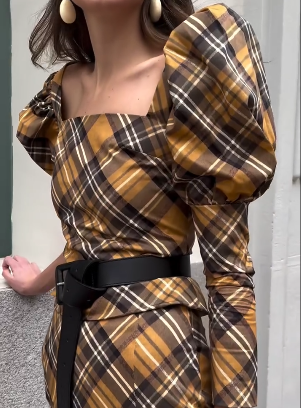 Checkered Bubble Sleeve Dress