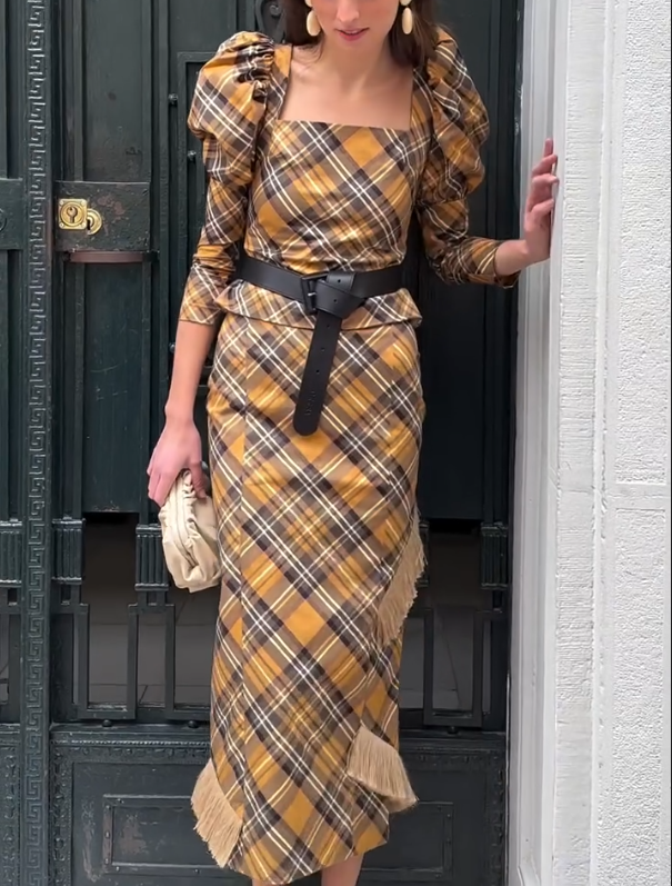 Checkered Bubble Sleeve Dress