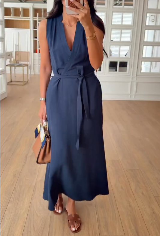 Simple Waist Cinched V-neck Dress