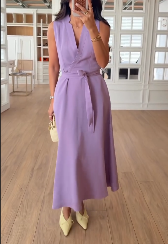 Simple Waist Cinched V-neck Dress