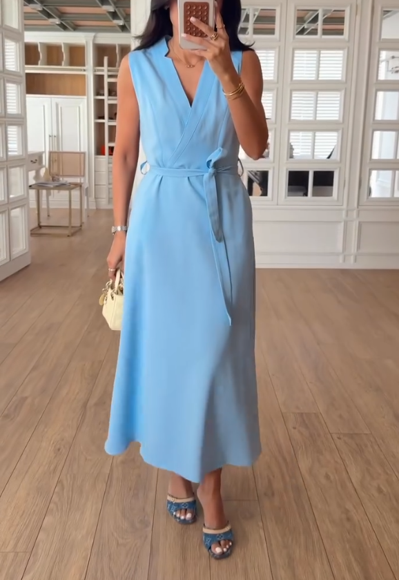 Simple Waist Cinched V-neck Dress