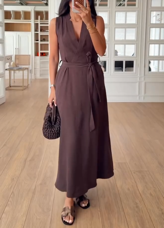 Simple Waist Cinched V-neck Dress