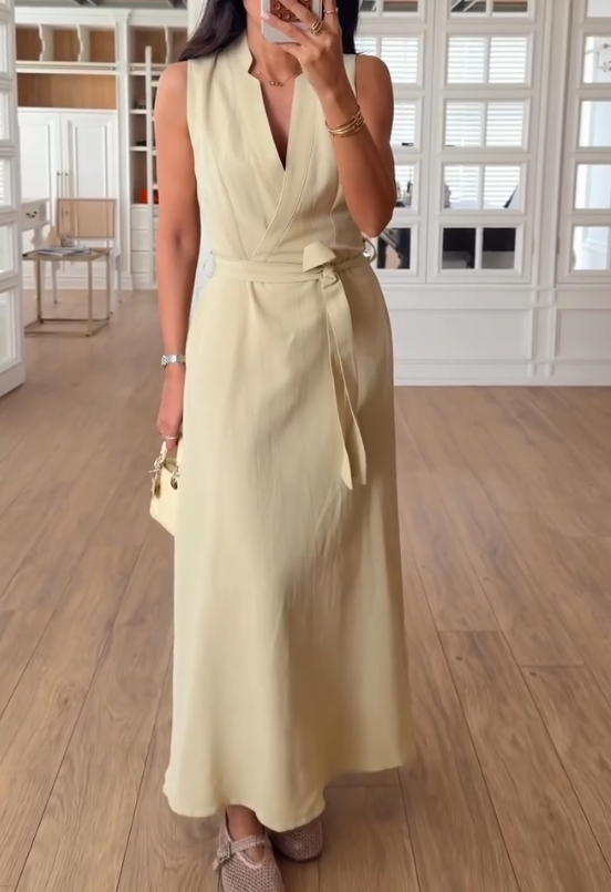 Simple Waist Cinched V-neck Dress