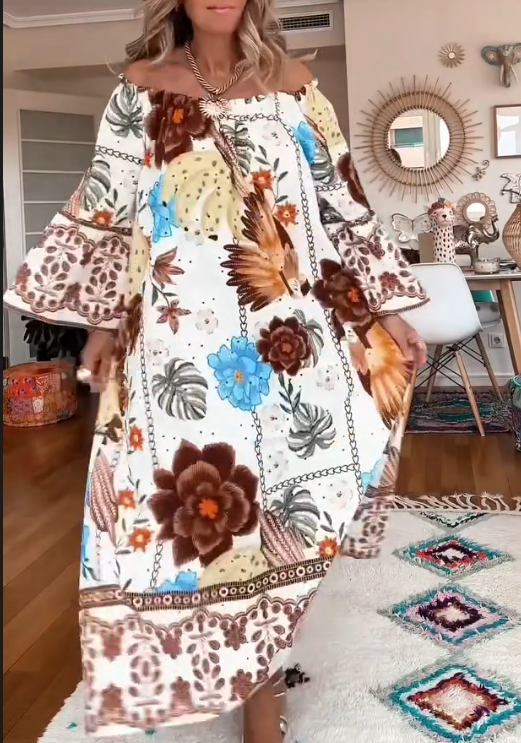 Off Shoulder Retro Printed Dress