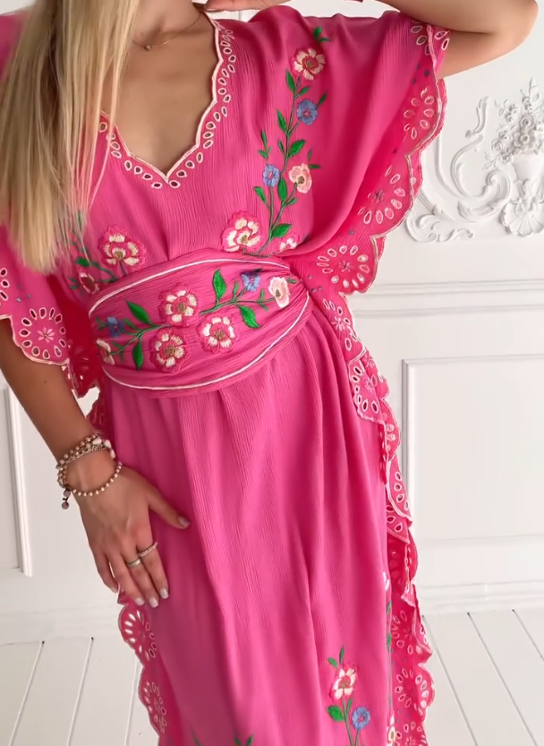 Pink Embroidered Waist Dress