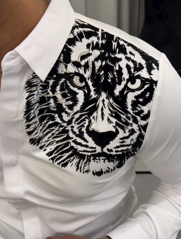 Lion Tiger Embroidered Long Sleeved Shirt