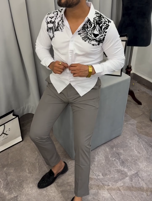 Lion Tiger Embroidered Long Sleeved Shirt