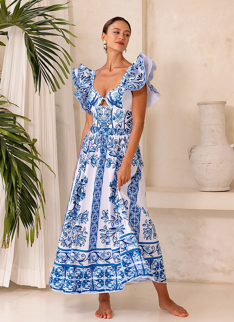 Ruffle Blue and White Porcelain Pattern Majolica Print One Piece Swimsuit and Skirt or Sarong