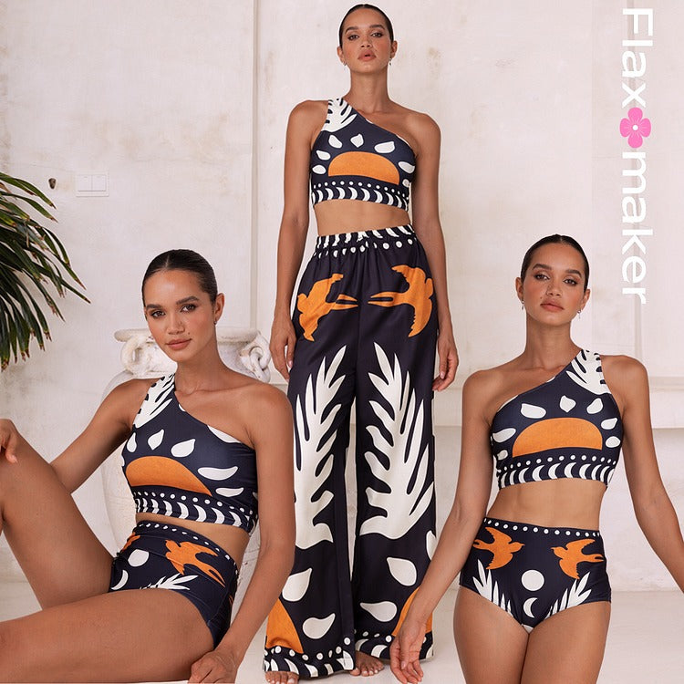 One Shoulder High Waist Bikini Swimsuit and Pants