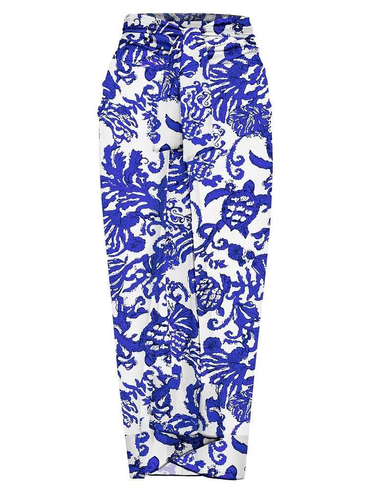 Long Sleeve Zip Front Blue White One Piece Surf Swimsuit and Sarong