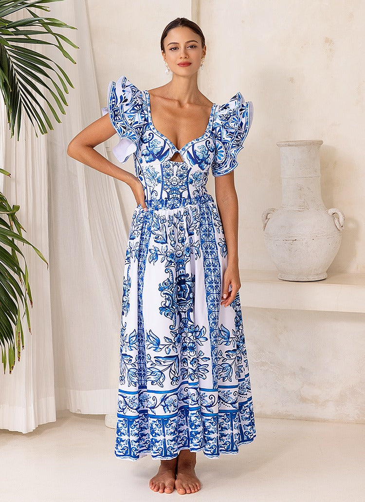 Ruffle Blue and White Porcelain Pattern Majolica Print One Piece Swimsuit and Skirt or Sarong
