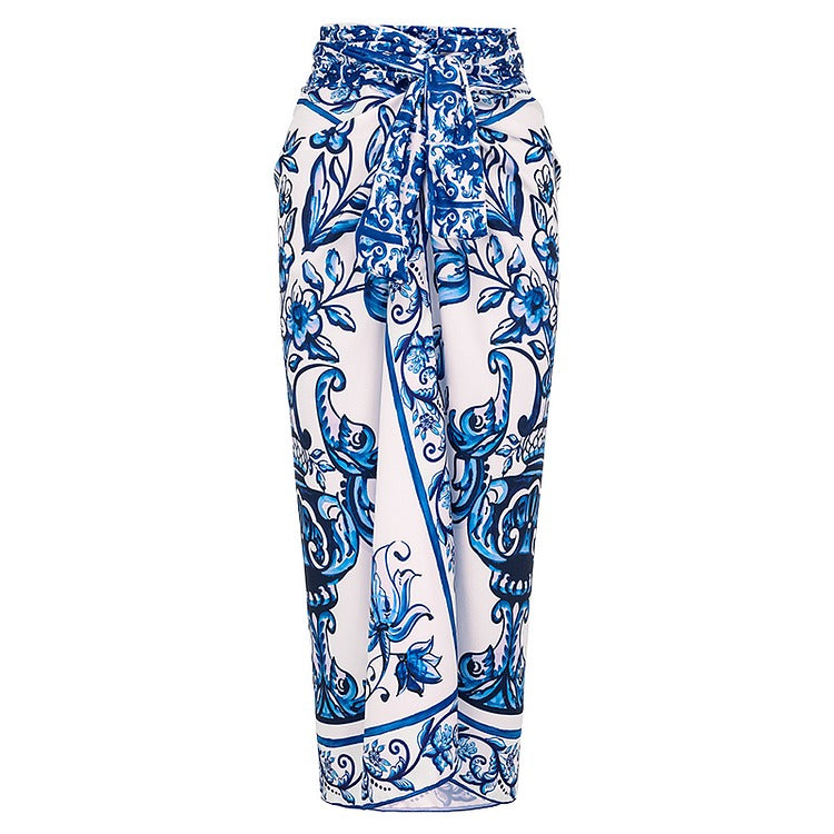 Ruffle Blue and White Porcelain Pattern Majolica Print One Piece Swimsuit and Skirt or Sarong