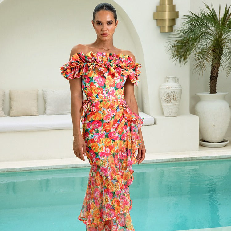 Detachable Double Shoulder Strap With Ruffles One Piece Swimsuit and Sarong