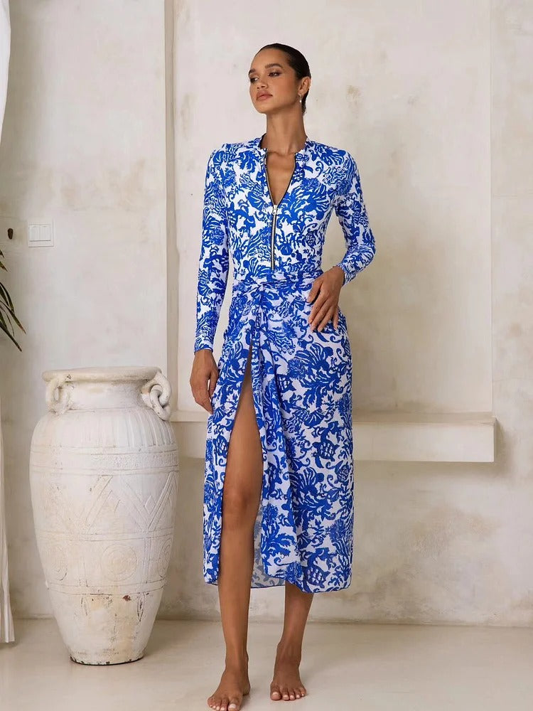 Long Sleeve Zip Front Blue White One Piece Surf Swimsuit and Sarong