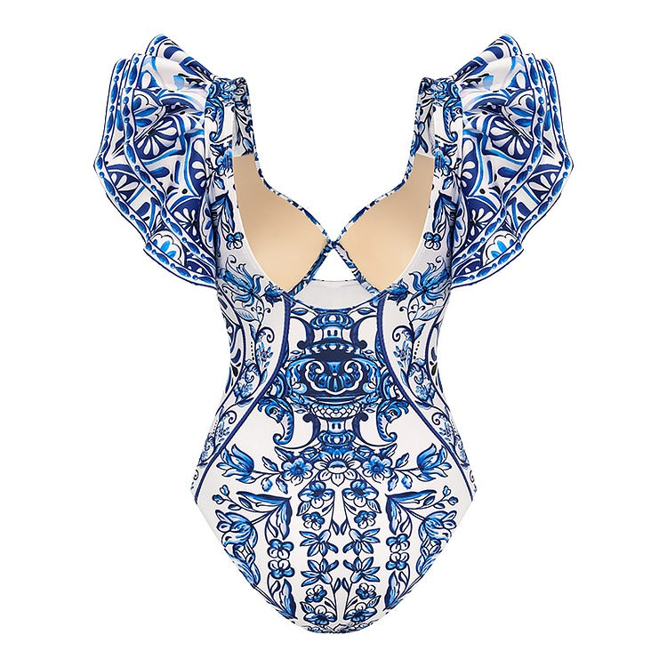 Ruffle Blue and White Porcelain Pattern Majolica Print One Piece Swimsuit and Skirt or Sarong