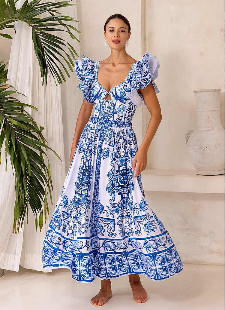 Ruffle Blue and White Porcelain Pattern Majolica Print One Piece Swimsuit and Skirt or Sarong