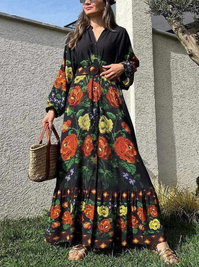 Black Orange Floral Maxi Dress