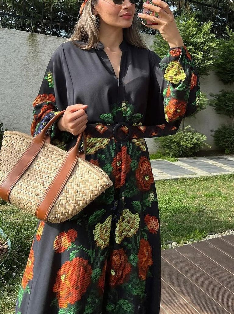 Black Orange Floral Maxi Dress