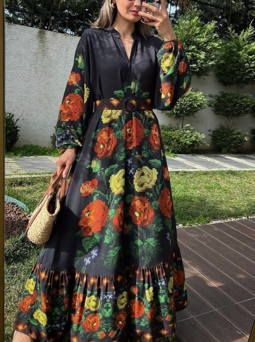 Black Orange Floral Maxi Dress