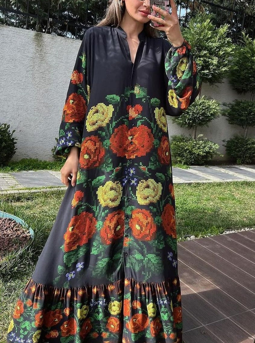 Black Orange Floral Maxi Dress