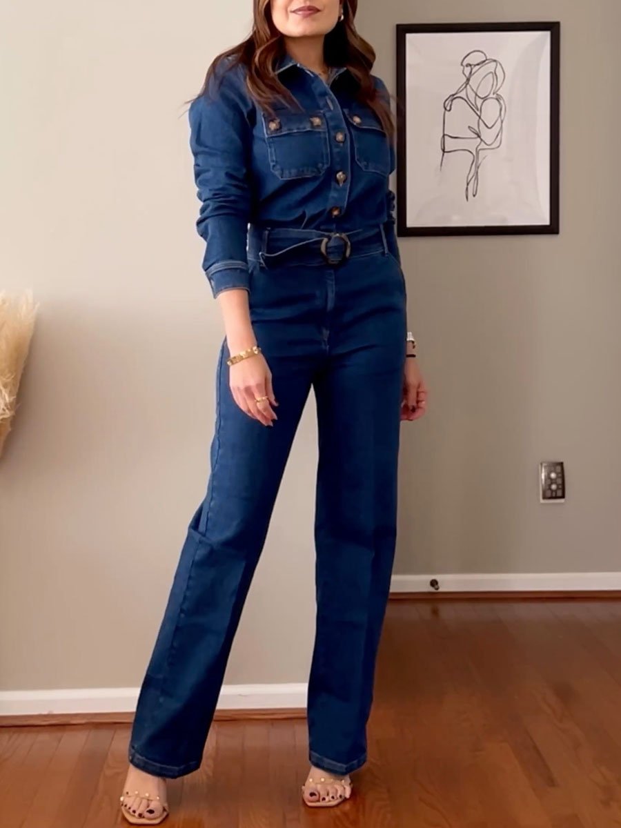 Denim Lace Up Button Up Long Sleeve Jumpsuit