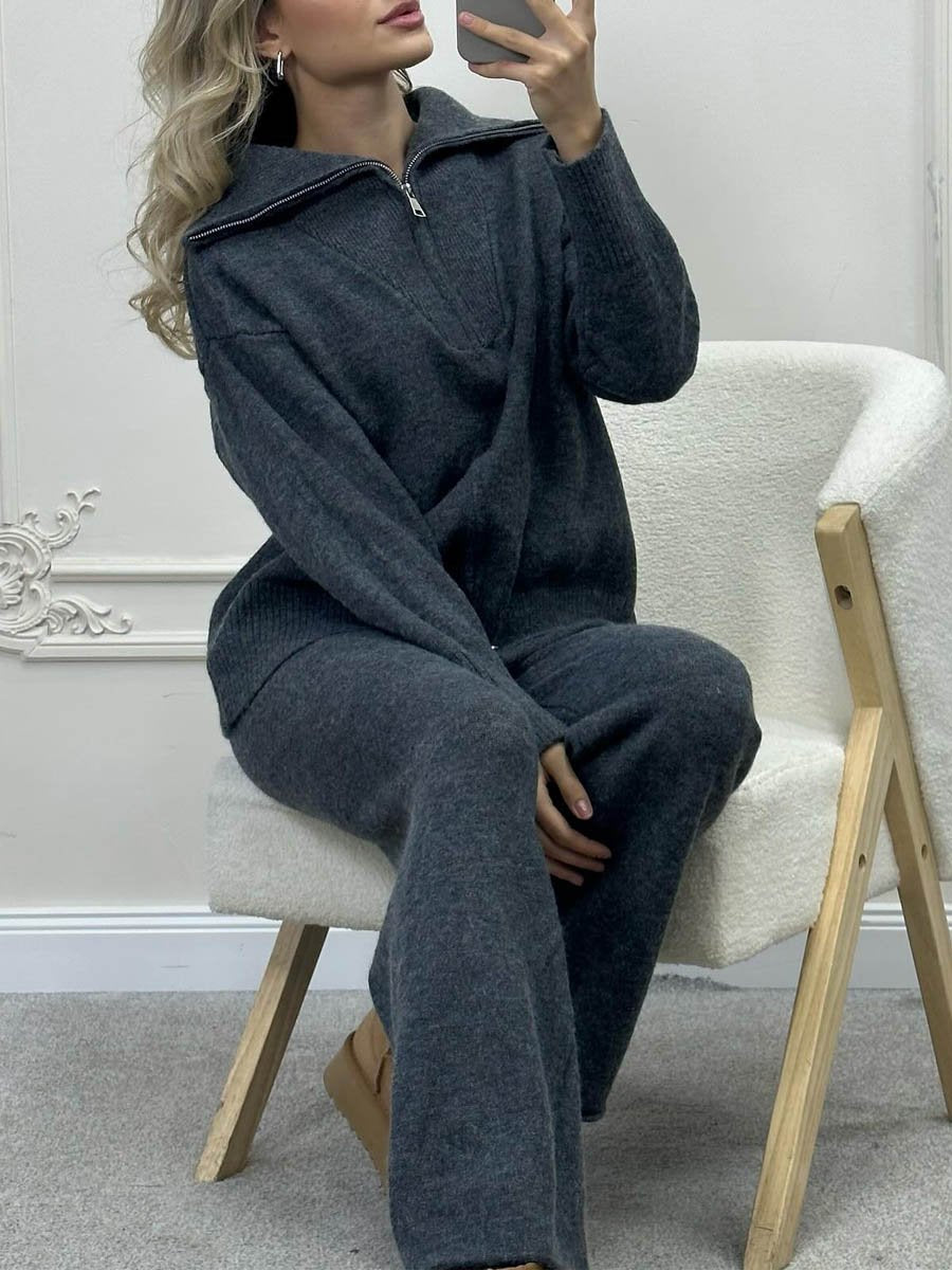 Fashion Knitted Zip Up Two-piece Set
