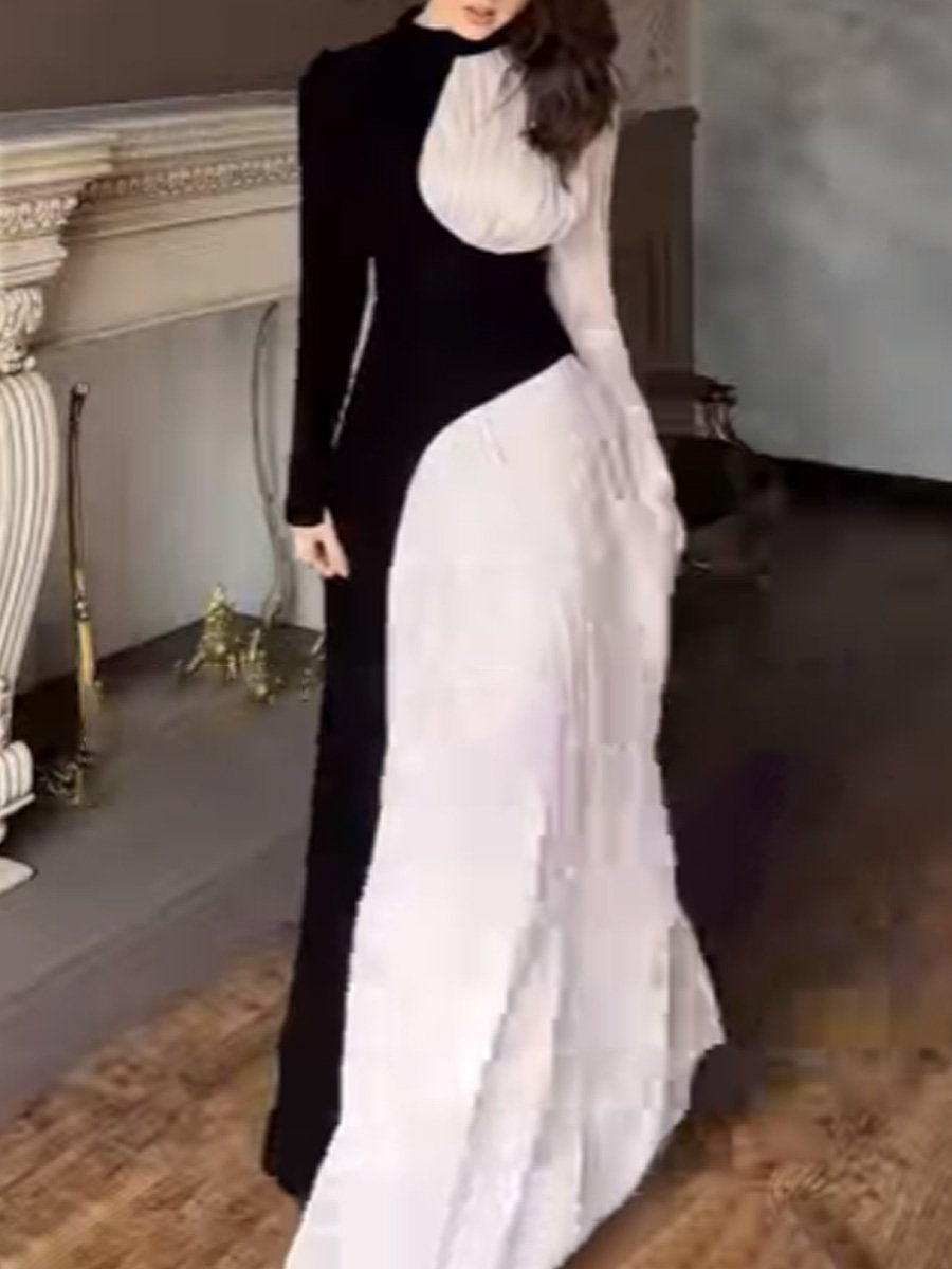 Patchwork Long Sleeve Maxi Dress