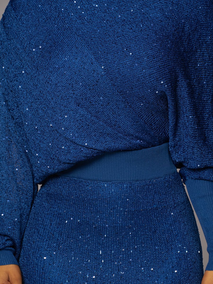 Sexy Sequin Skew Neck Knit Two-piece Set