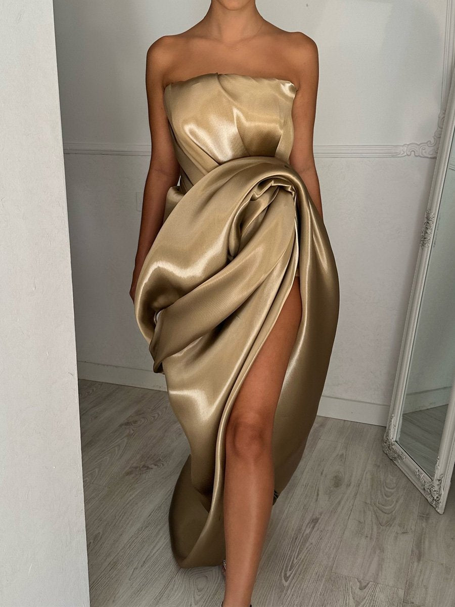 Strapped Slit Hem Gold Party Dress