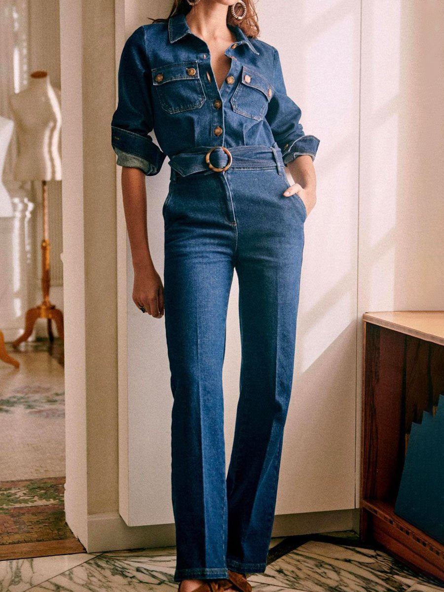 Denim Lace Up Button Up Long Sleeve Jumpsuit