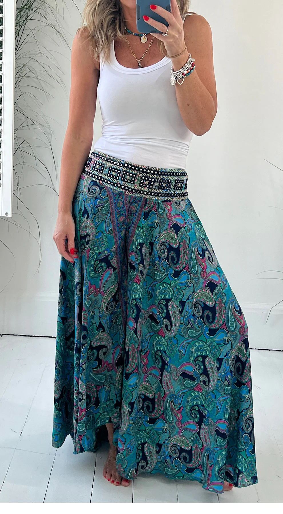 Ethnic Paisley Print Elastic Patchwork Waist Lightweight Pants