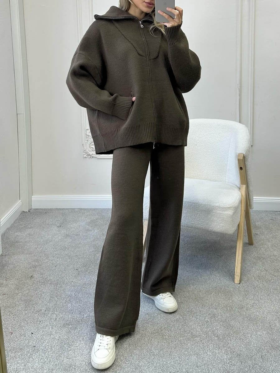 Fashion Knitted Zip Up Two-piece Set