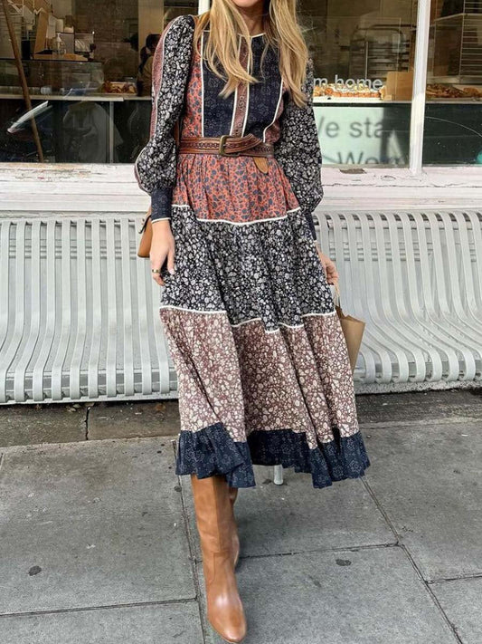 Patchwork Prited Lace Up Dress