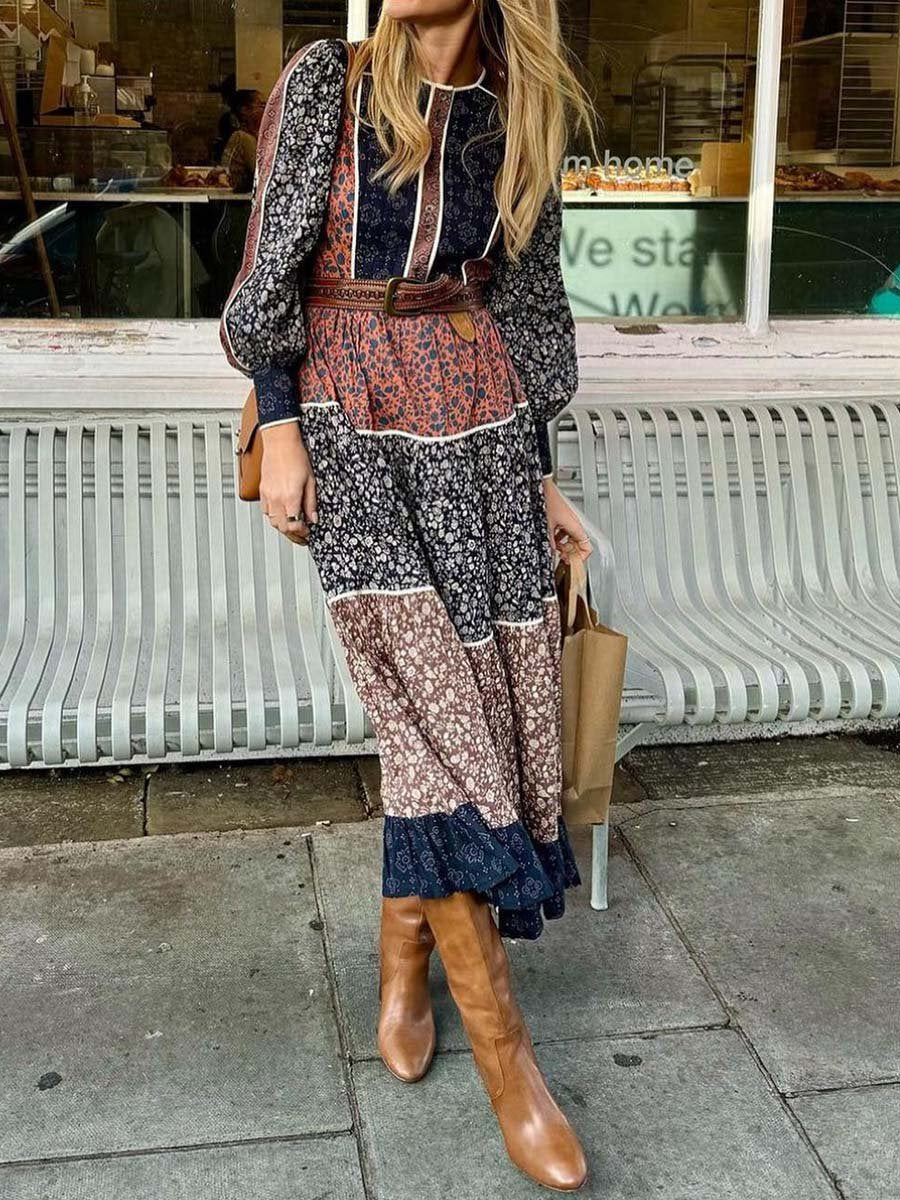 Patchwork Prited Lace Up Dress