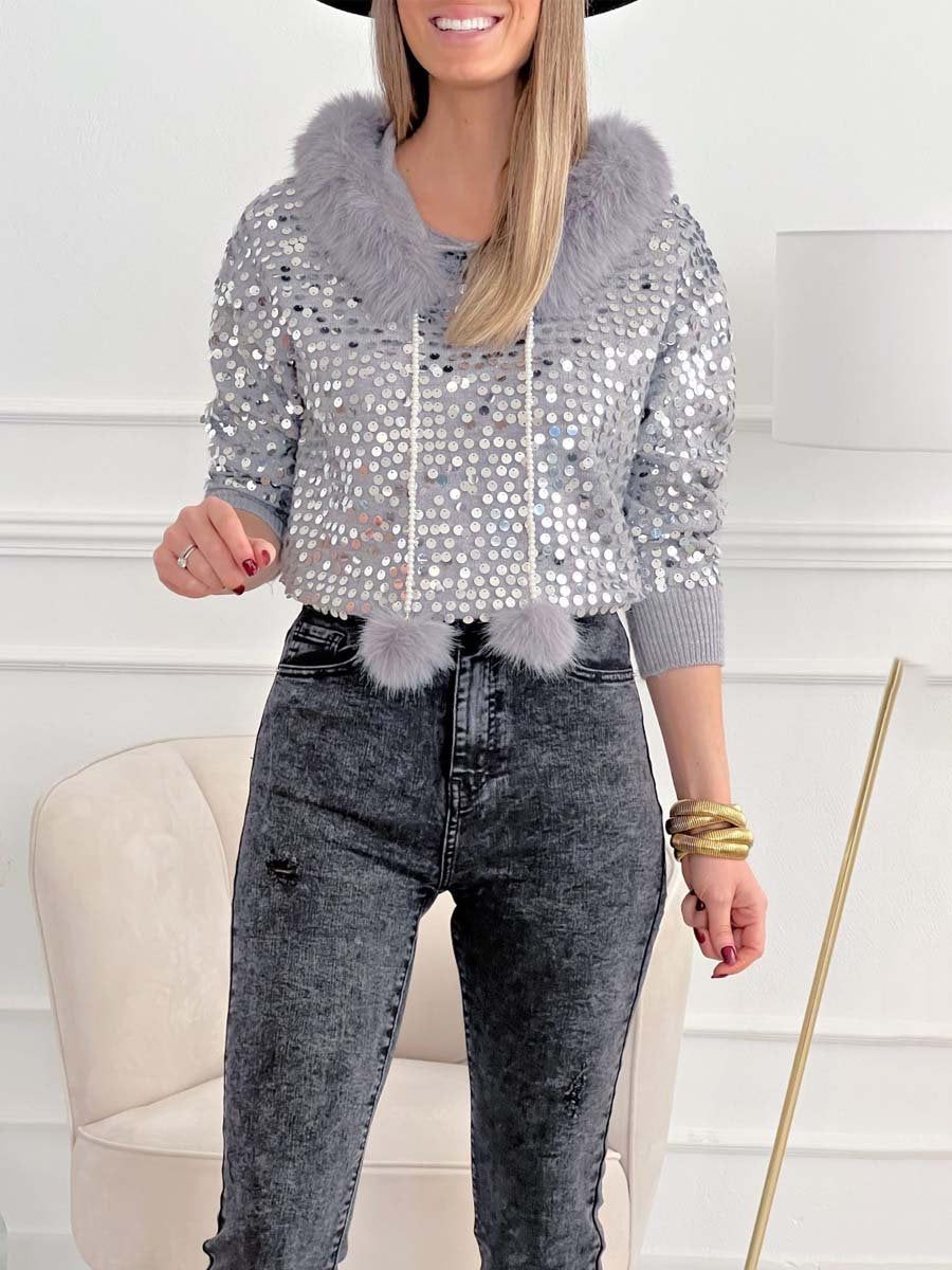 Sequined Fur Hooded Sweater