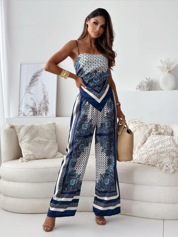 Stylish Printed Lace-Up Vest & Pants Two-Piece Set