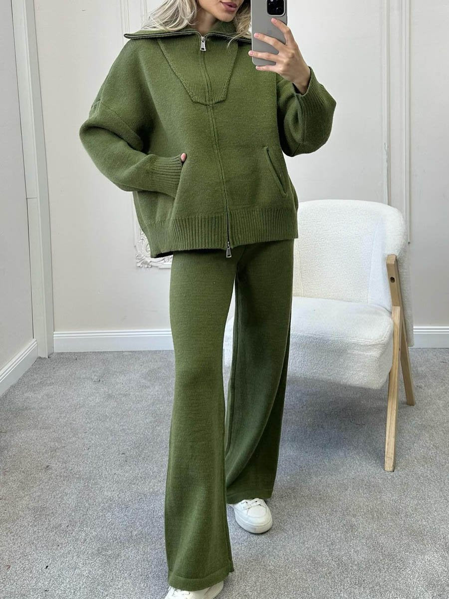 Fashion Knitted Zip Up Two-piece Set