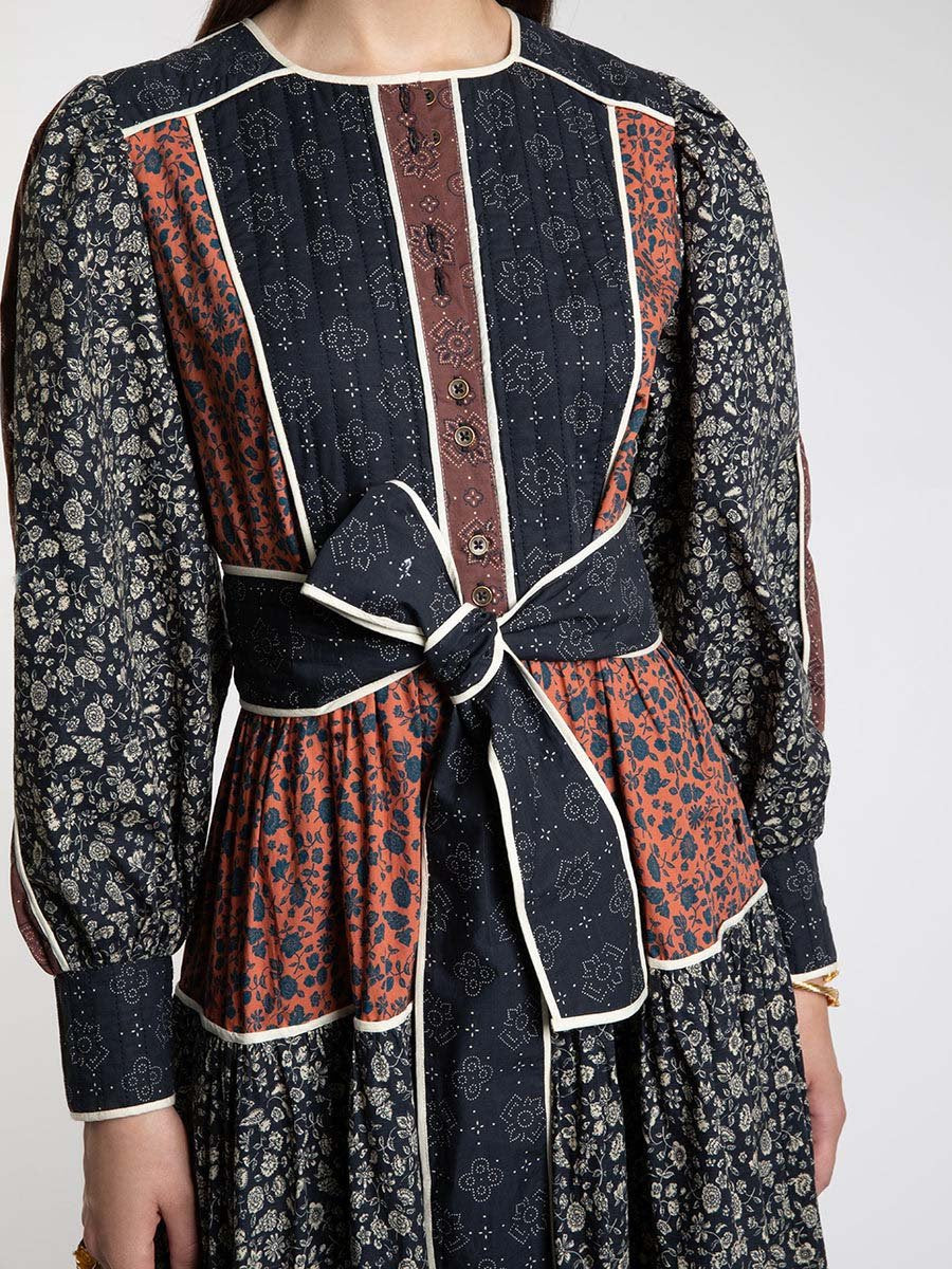 Patchwork Prited Lace Up Dress