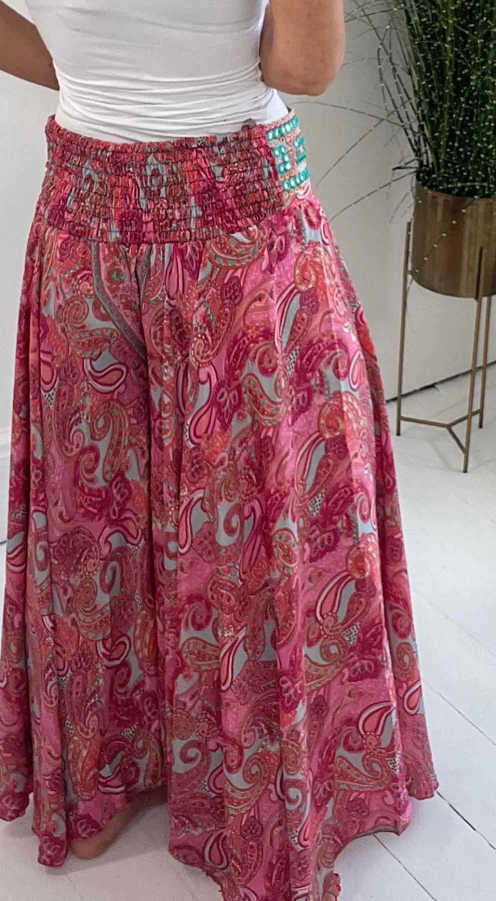 Ethnic Paisley Print Elastic Patchwork Waist Lightweight Pants