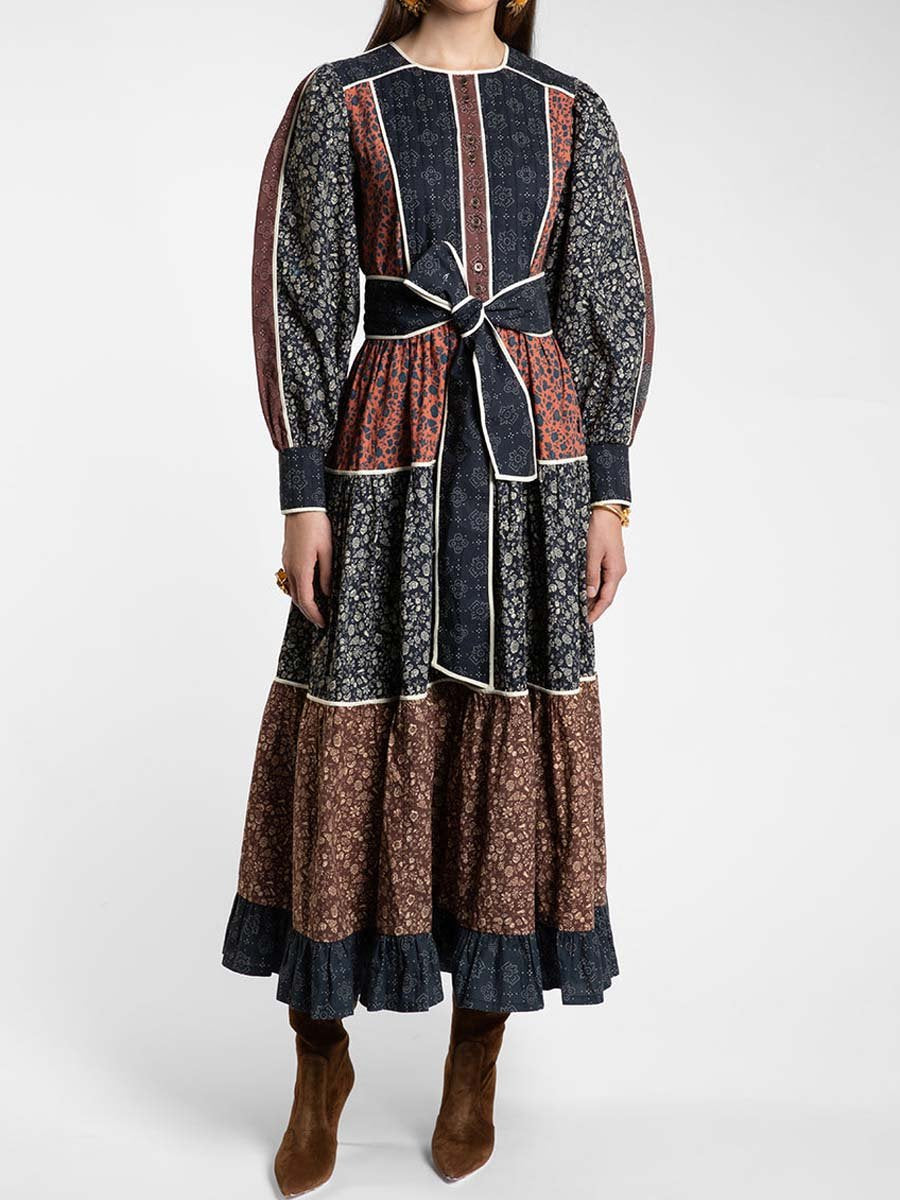 Patchwork Prited Lace Up Dress