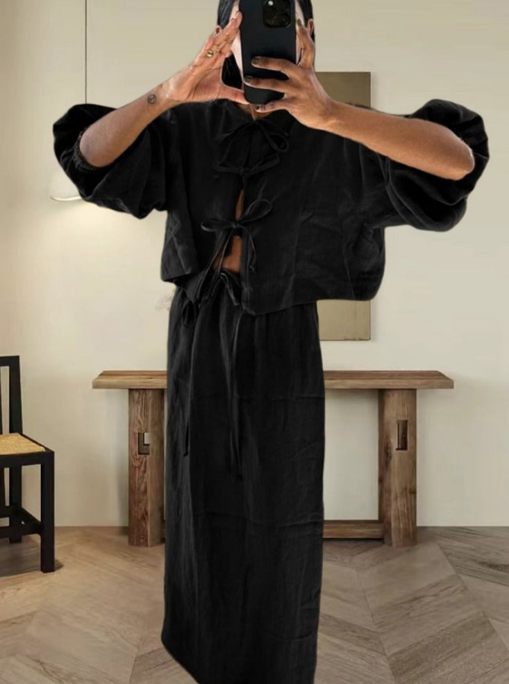 Hollow Lace Long Sleeve Round Neck Set