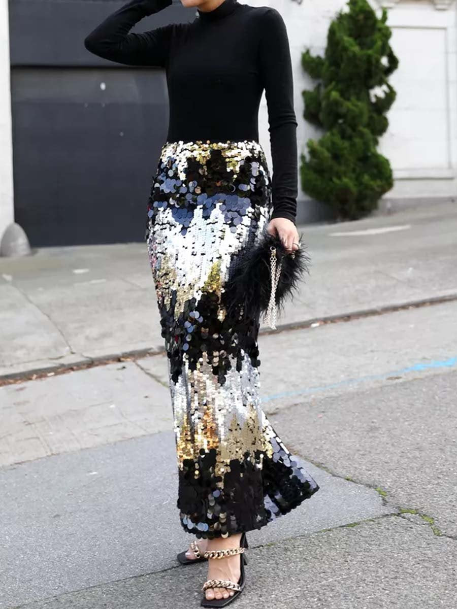 Sequin Slit Hem Maxi Skirt