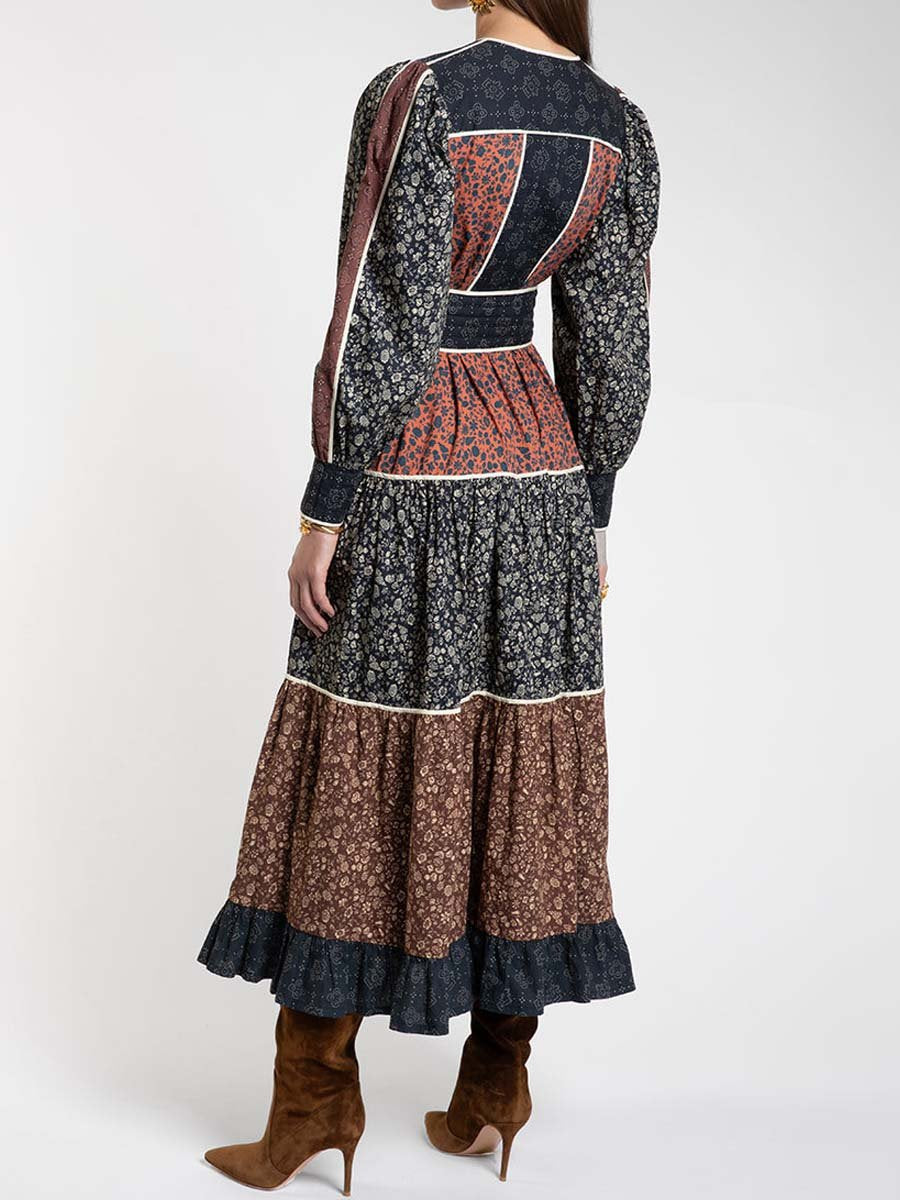 Patchwork Prited Lace Up Dress