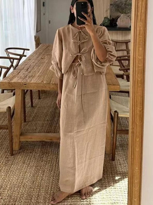 Hollow Lace Long Sleeve Round Neck Set